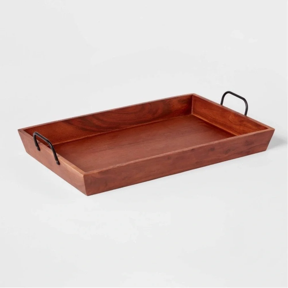 Large Rectangular Wood Tray with Metal Handles